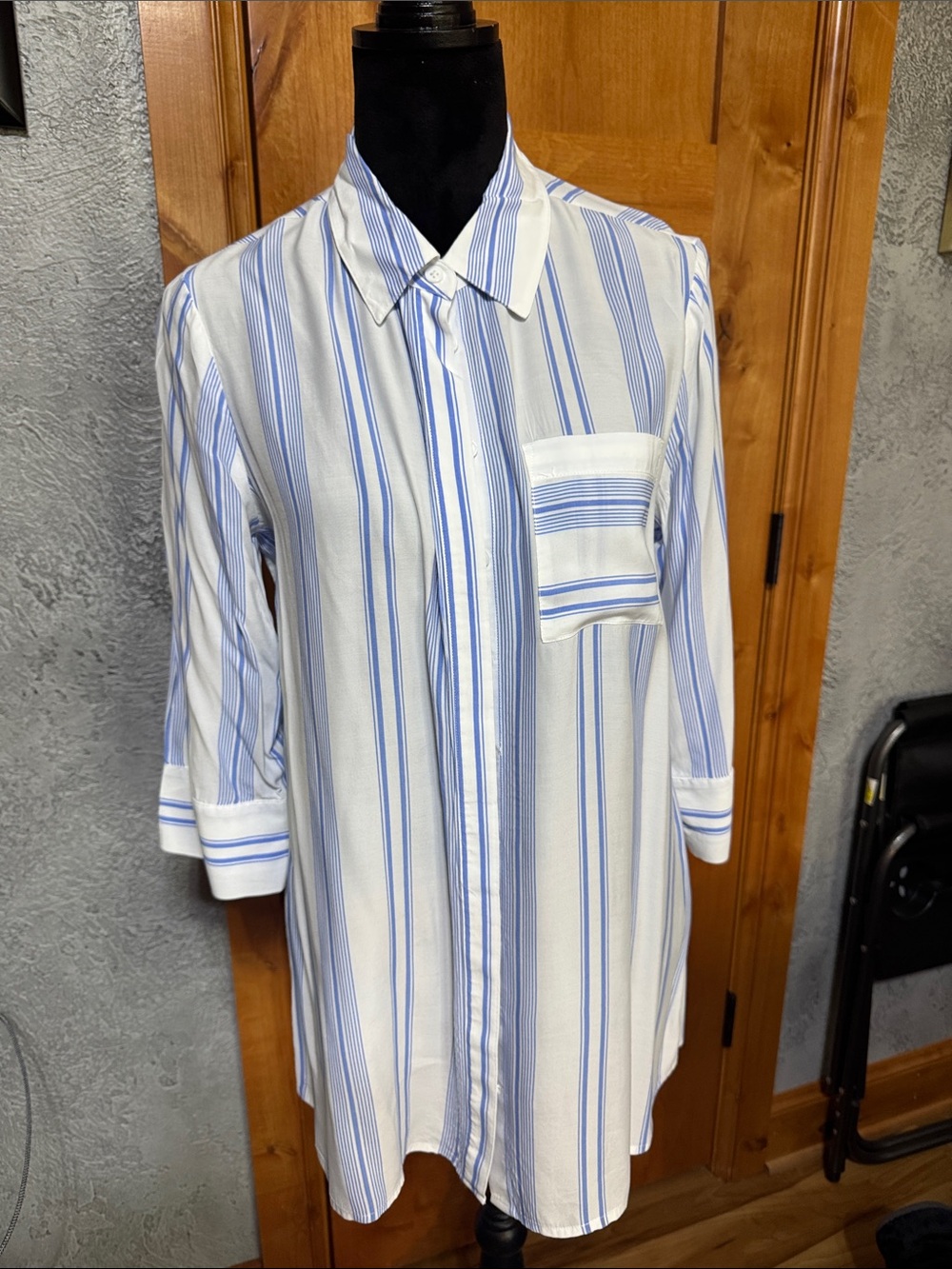 Soft Surroundings White and Light Blue Striped Button-Up Shirt